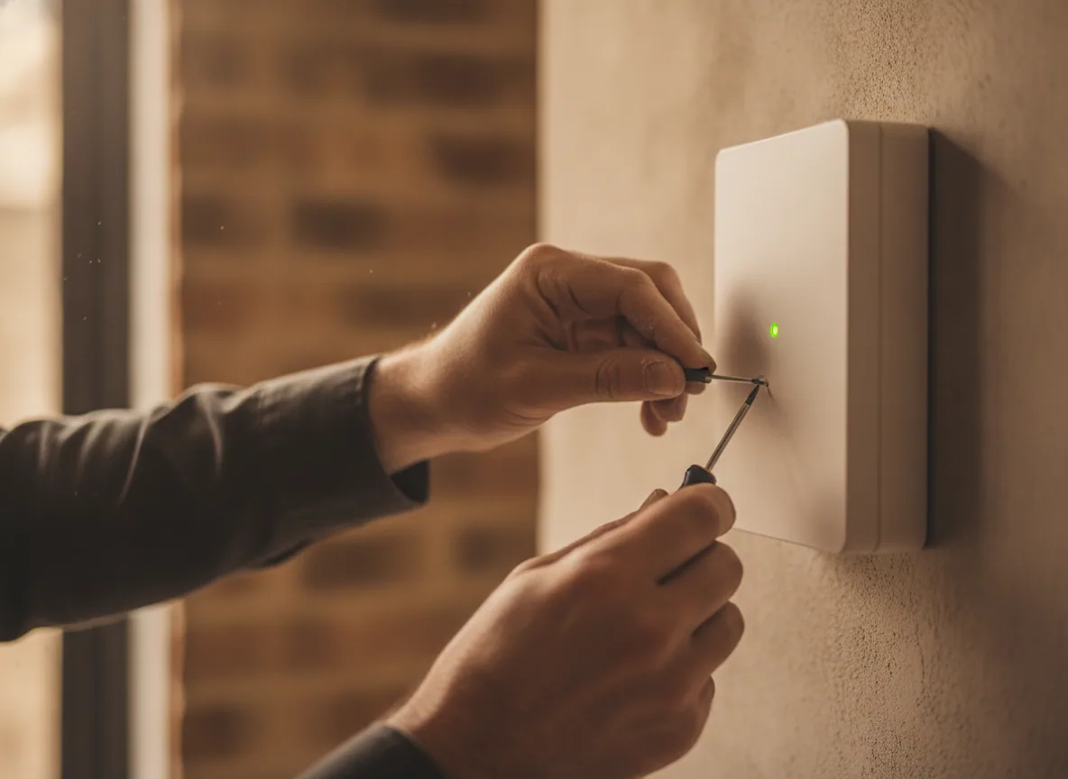 Installer adjusting a SureCall booster showing a green status light.